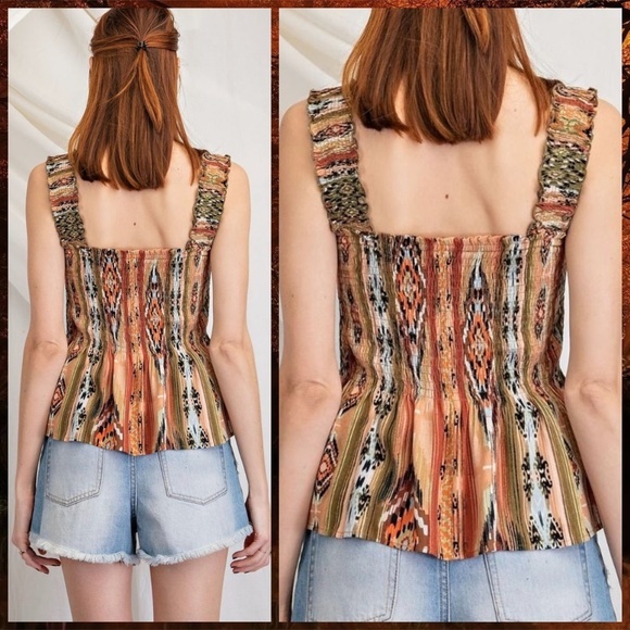 EASEL Smocked Fitted Stretchy Sleeveless Bodice W/Pleated Peplum Aztec Print Top - Picture 4 of 16